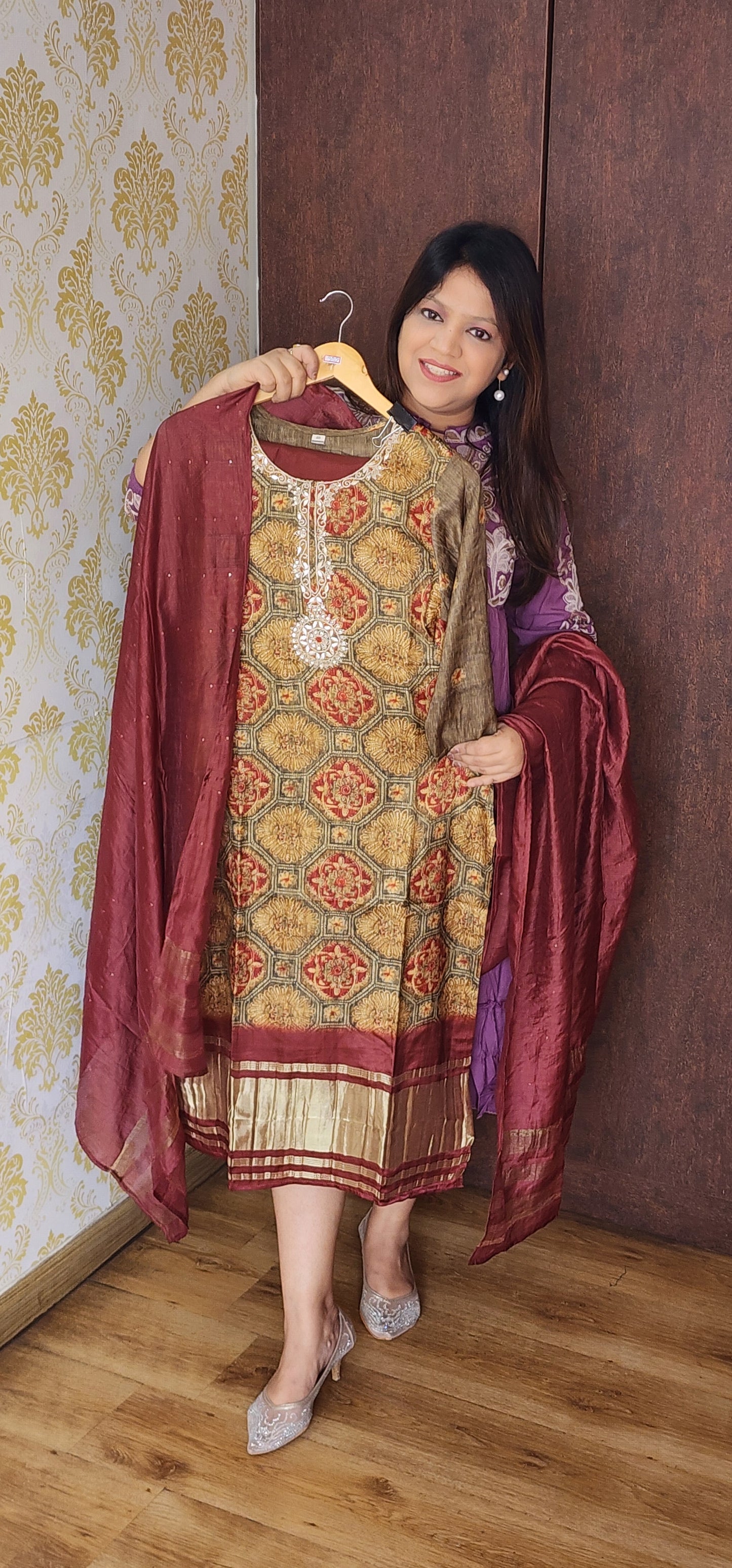 Mahroon with green gaji silk with lagdi border three piece set (P727)