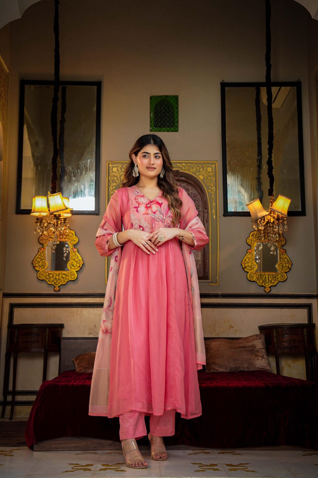 Light pink glass oraganza designer three piece set (A1237)