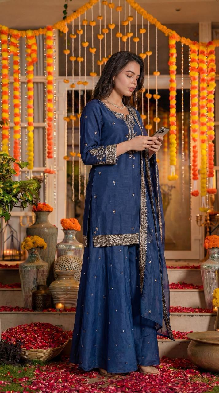 Blue pure silk with lining full jari work three piece set (A1390)