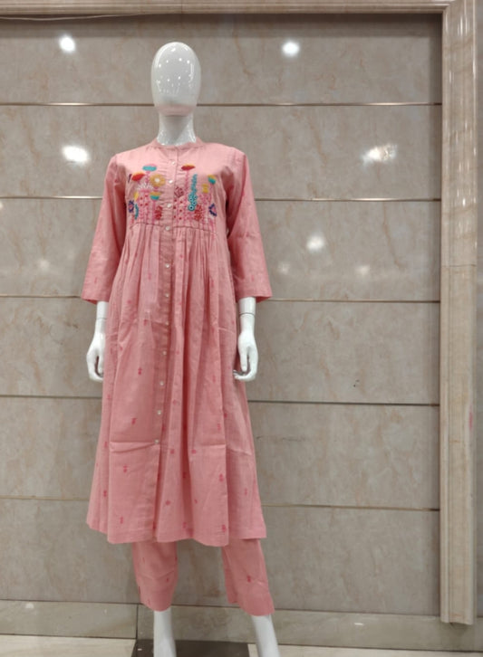 Pure cotton A line Fully embroidered on neck line with deep mobile pocket two piece cordset (B434)