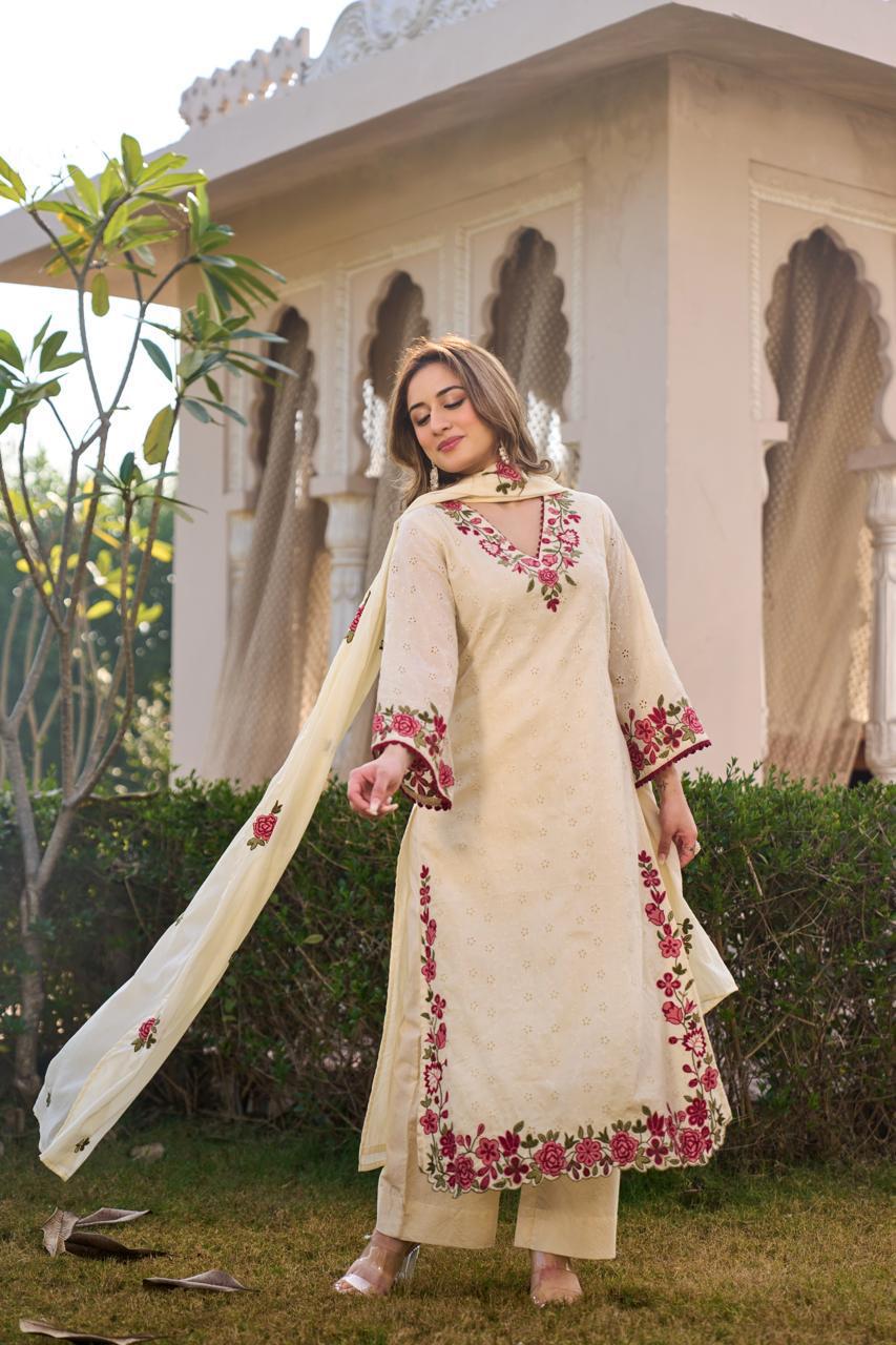 Cotton hakoba with mul lining full thread work three piece set (B877)