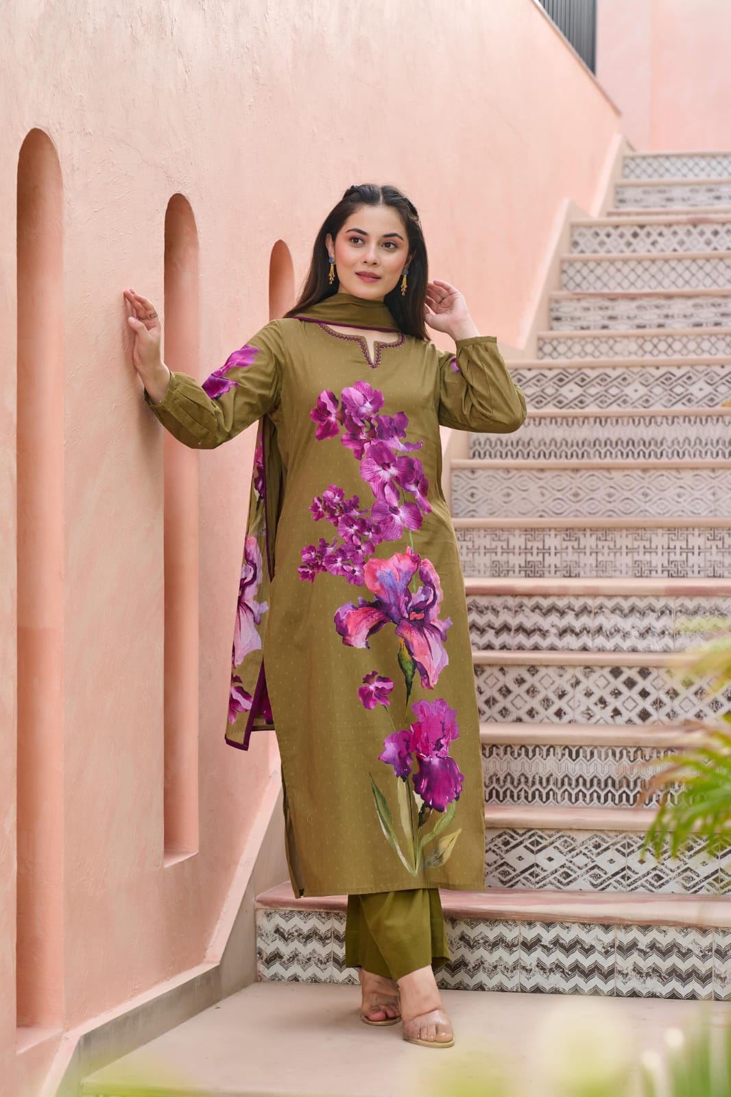 Green pure cotton digital print three piece set (A479)