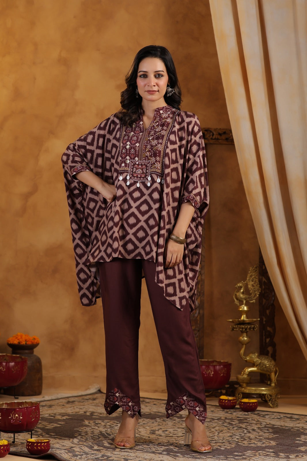 Ajrakh print pure muslin crape designer kaftan cordset (P1025)