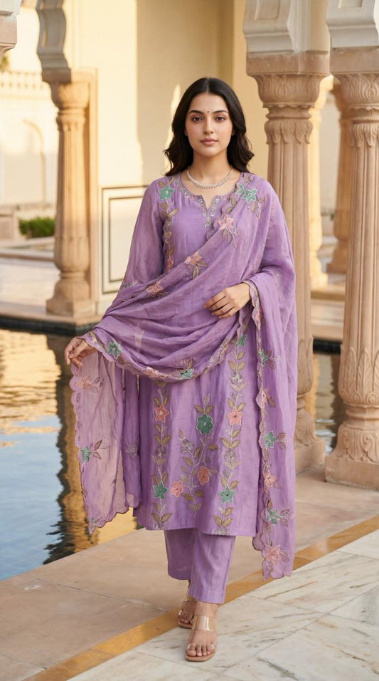 Pure mul chanderi with full thread work three piece set (B109)