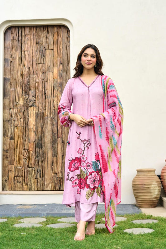 Purple pure mul silk with oraganza dupatta designer three piece set (A487)