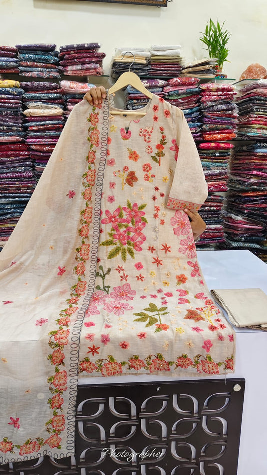 Soft chanderi with full katha work beautiful three piece set (B370)