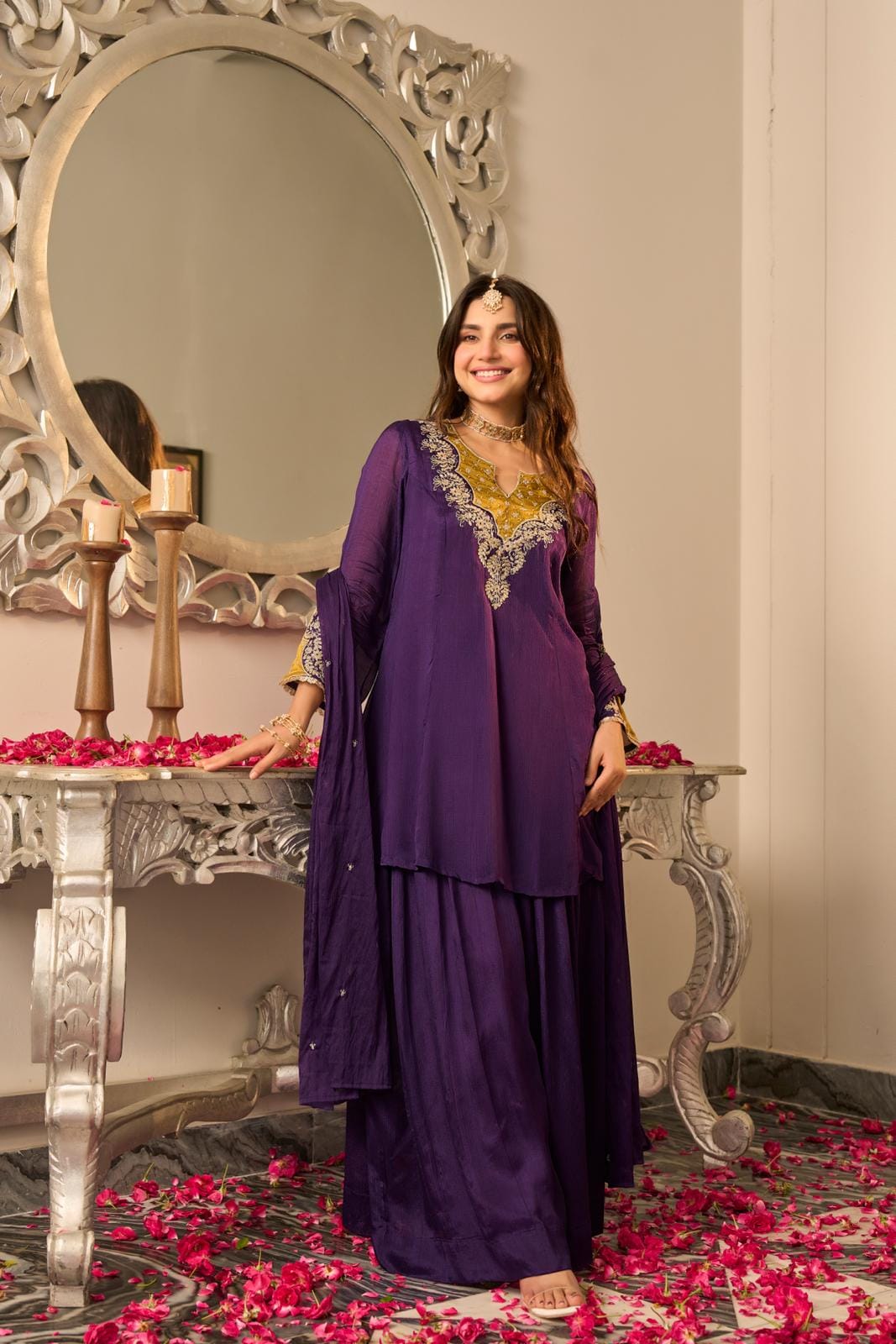 Pure chinnon with flared sharara mul cotton lining three piece set (S424)