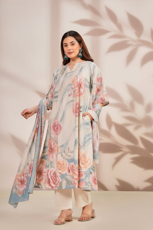 Premium cotton linen digital print smart three piece set (B559)