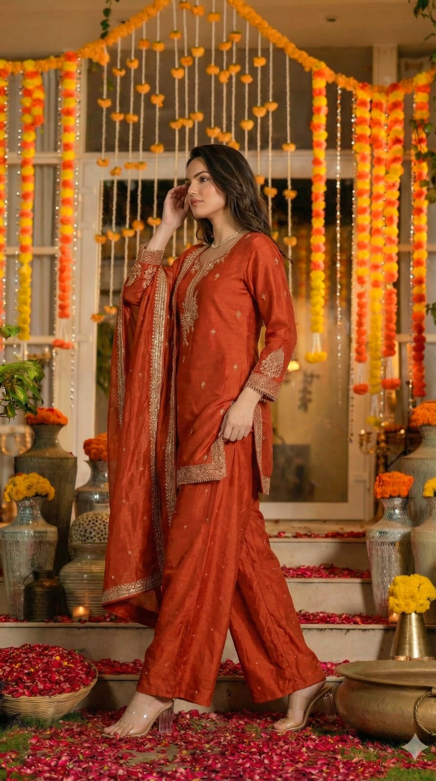 Orange pure silk with lining full jari work three piece set (A1391)