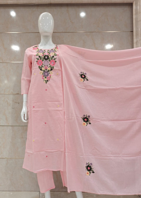 Mul cotton with lining fully thread work three piece set (C191)