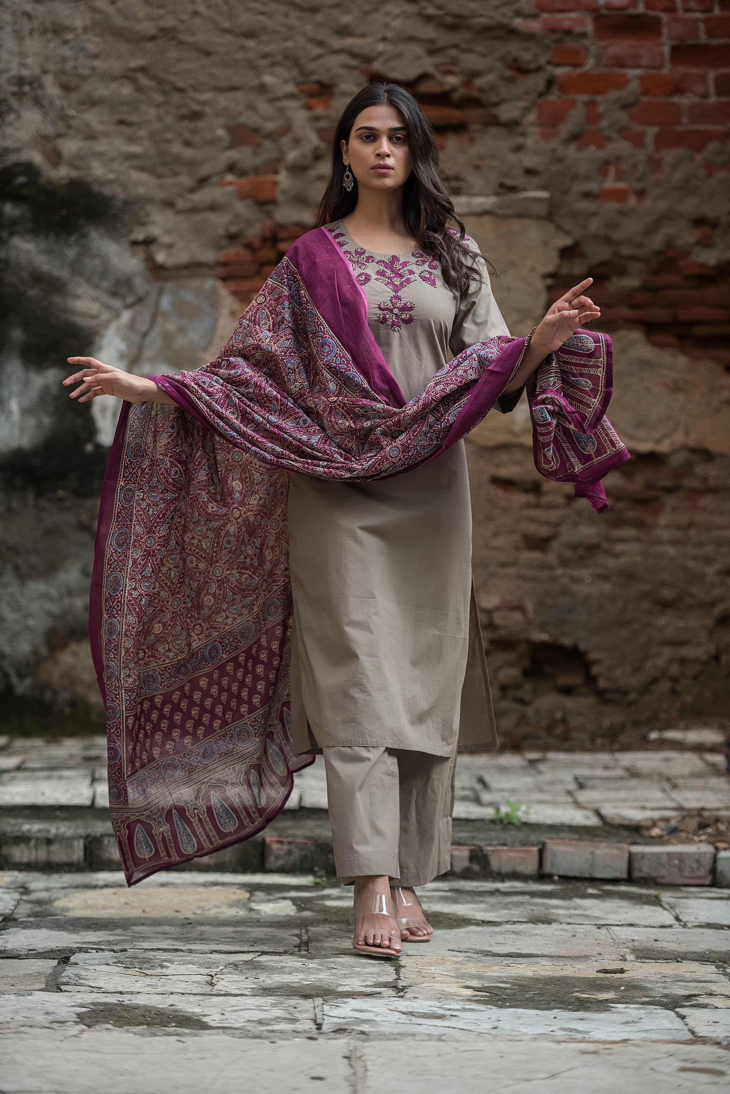 Pure cotton grey with pink ajrakh dupatta three piece set (A1034)