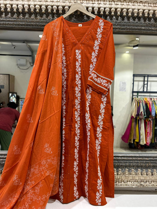 Orange pure cotton fully thread work three piece set (A378)