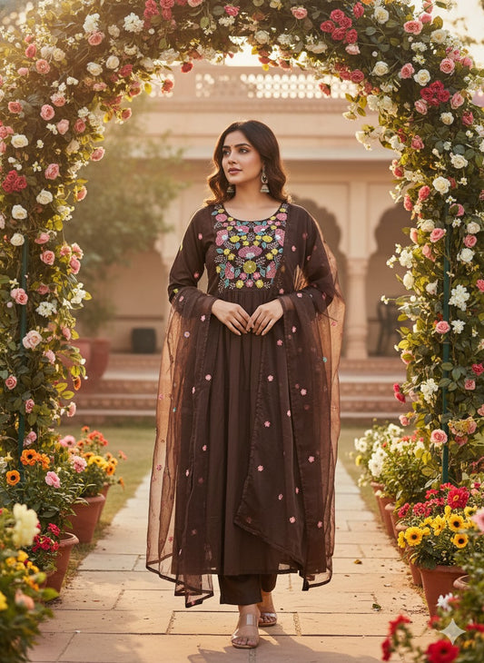 Brown pure cotton with cotton duppta three piece set (A1103)