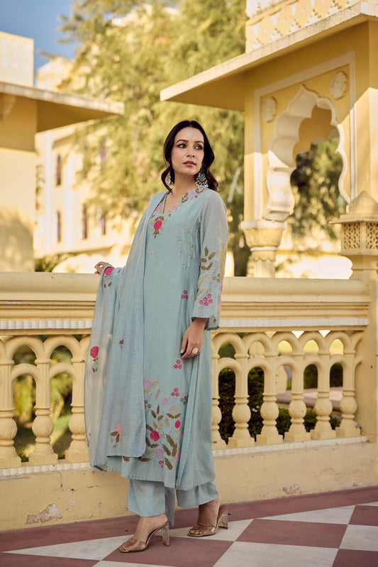 Pure mul chanderi with full thread work three piece set (A1460)