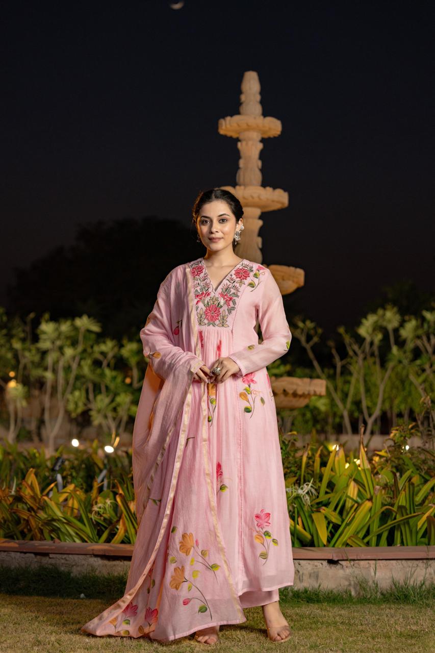 Pink pure mul chanderi with full thread embroidery on neck line designer three piece set (P1897)