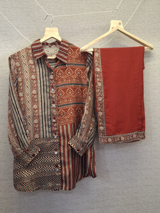 Smart pure crape Ajrakh print two piece cordset (B998)