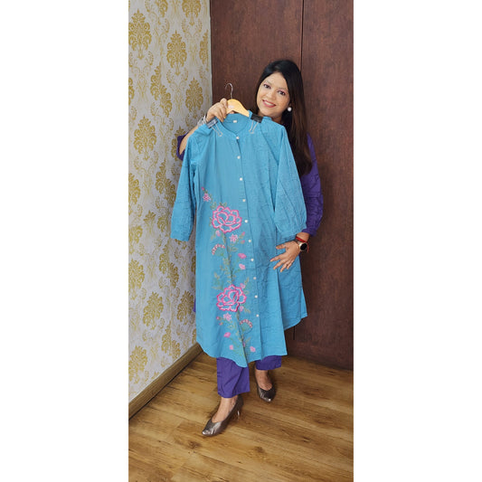 Sky blue hakoba with thread work two piece cordset (P903)