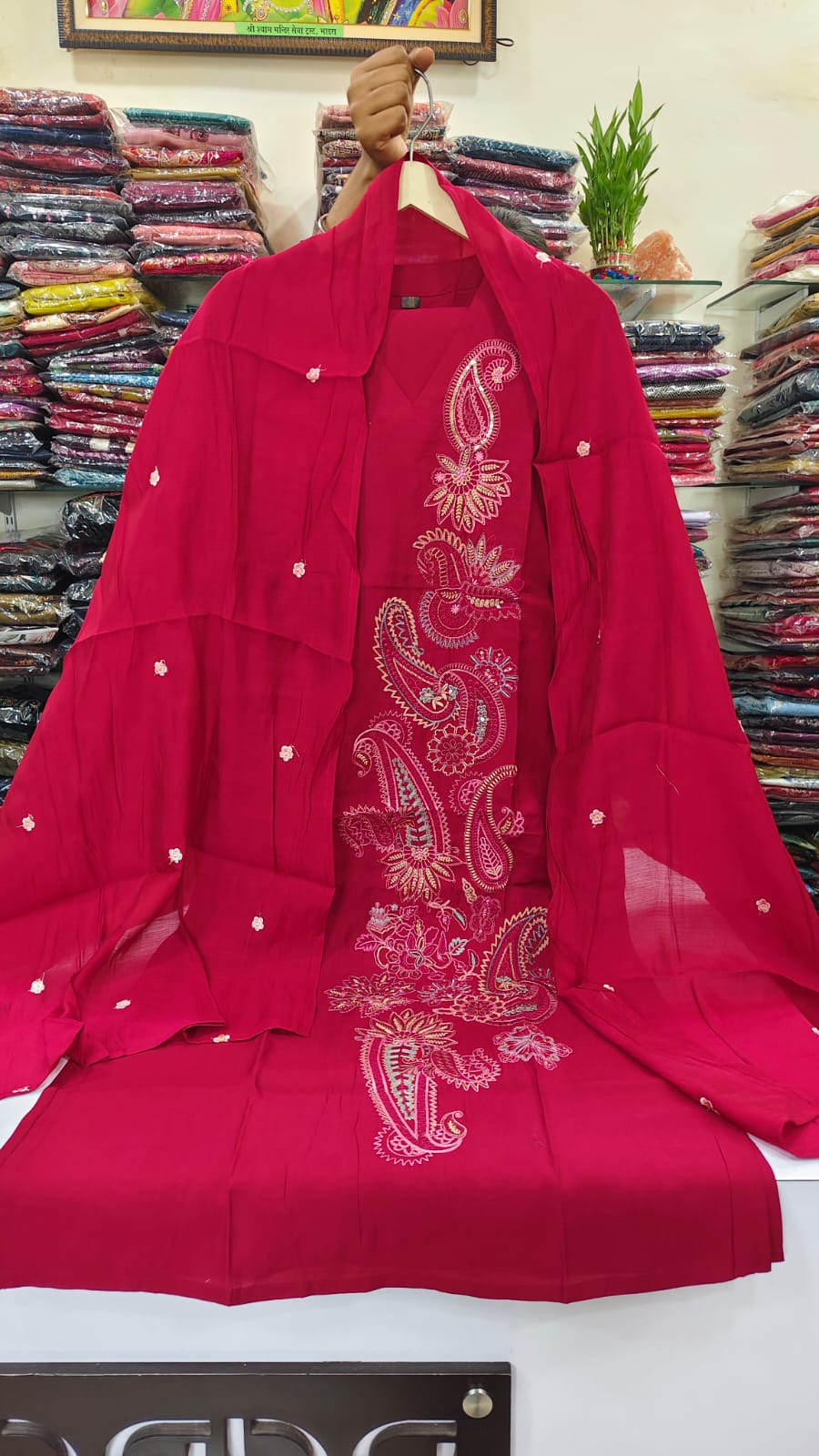 Bright pink  pure Muslin fully thread work three piece set (A1305)