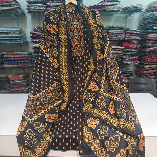 Dark blue  real work ikkat print three piece set (P2238)