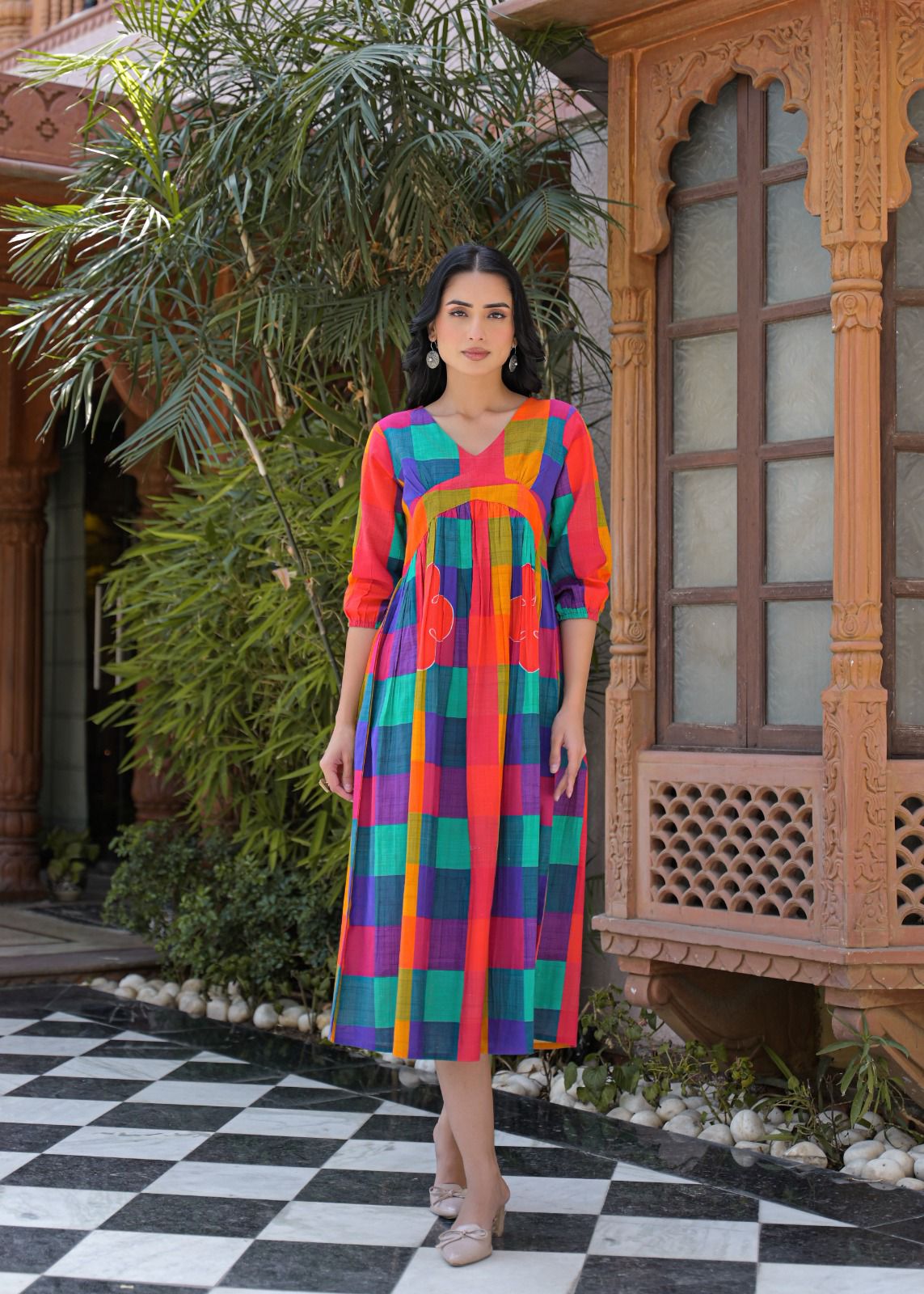 Colour full stylish slub cotton one piece dress (B933)