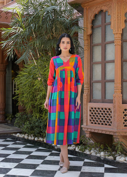 Colour full stylish slub cotton one piece dress (B933)