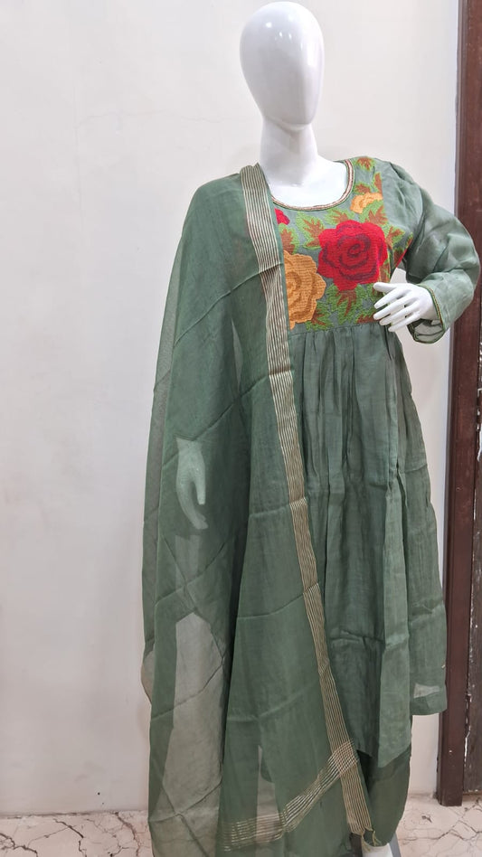 Mehndi green pure chanderi silk three piece set (P674)