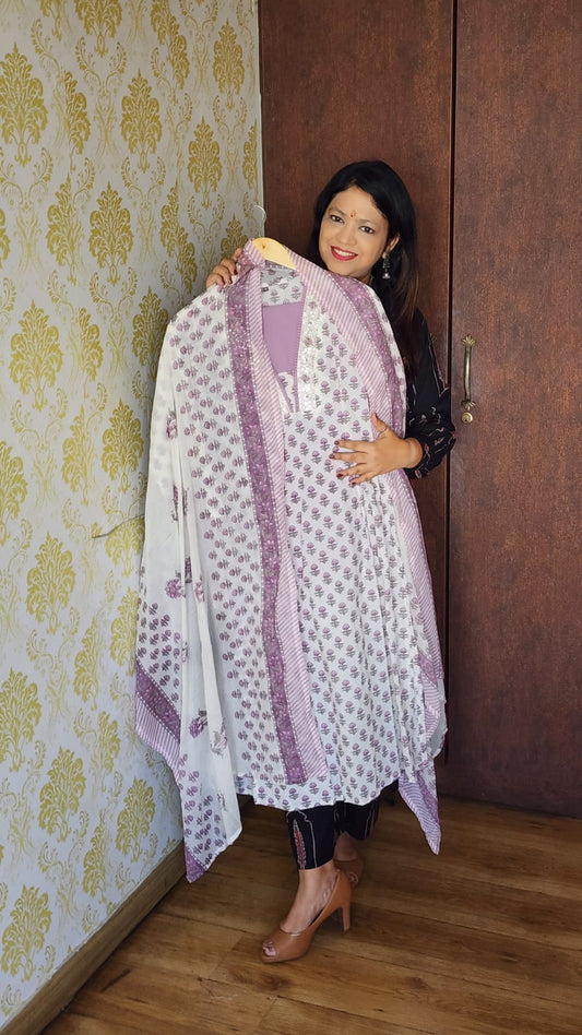 Lilac colour original block print with kota dupatta three piece set (A104)