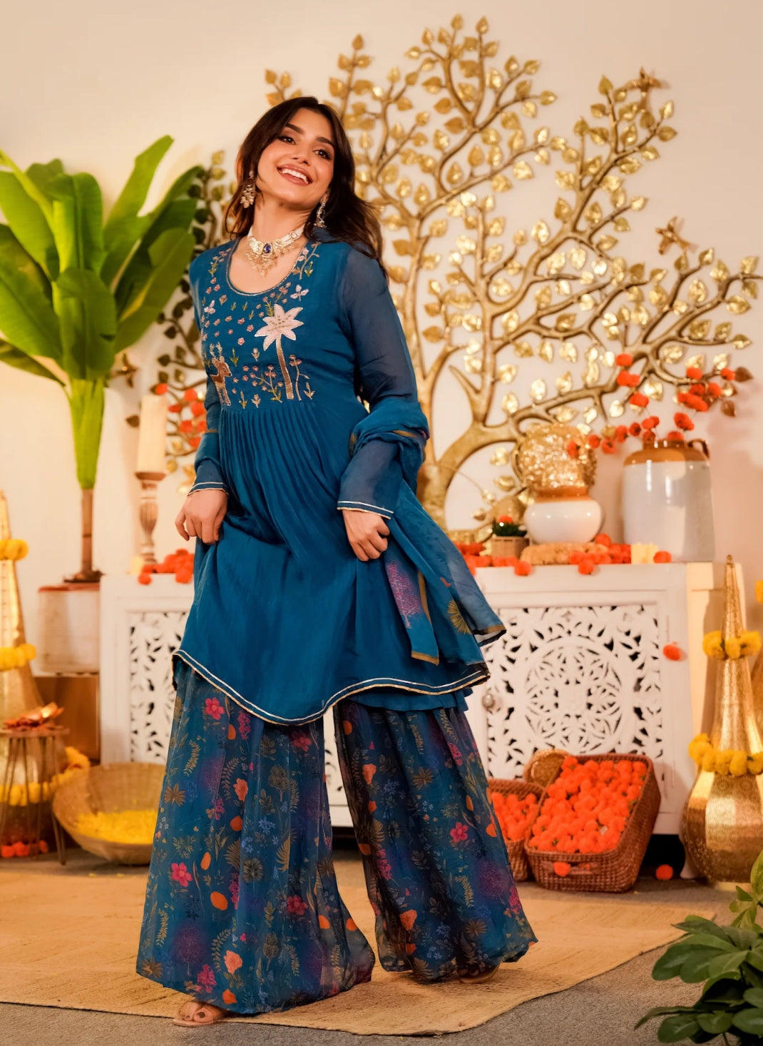 Pure oraganza designer three piece sharara set (A1217)