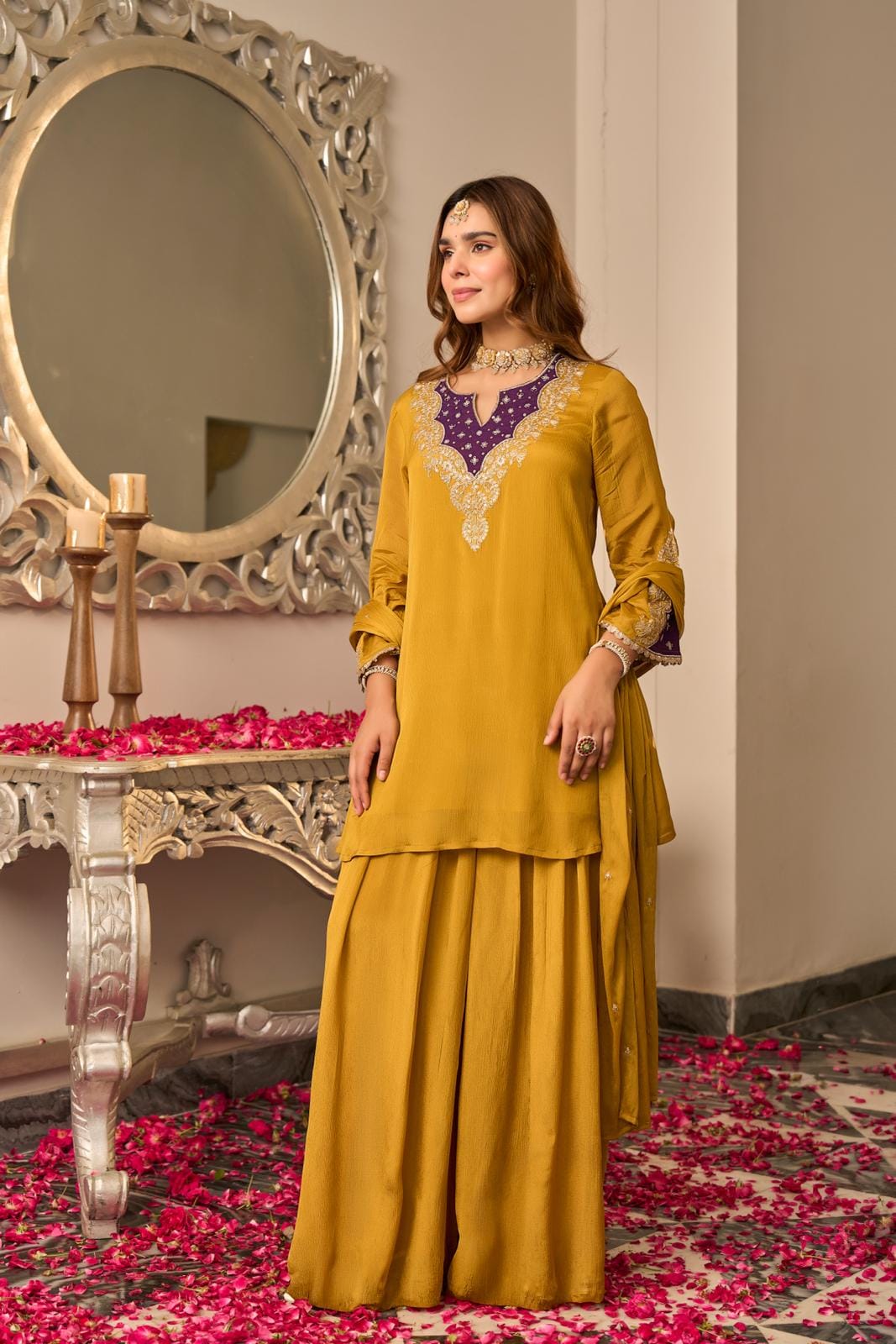 Pure chinnon with flared sharara mul cotton lining three piece set (S425)