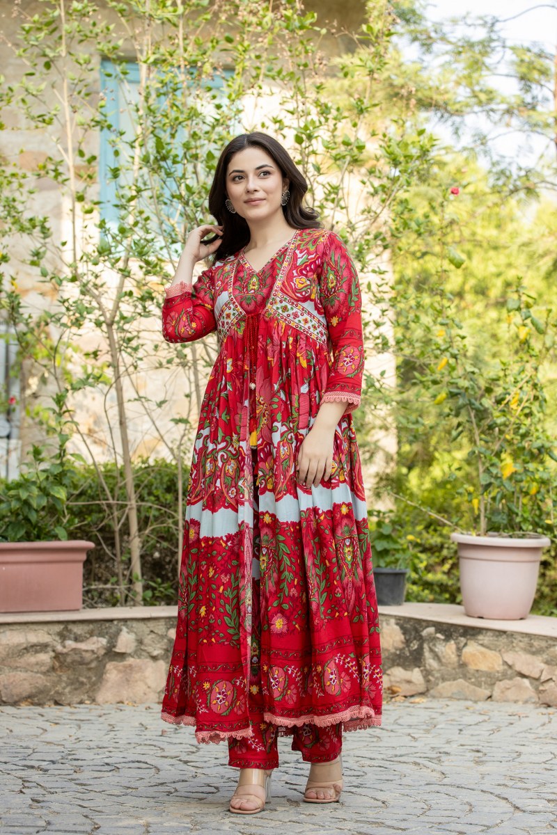 Tomato red heavy cotton rayon designer three piece cordset (P295)