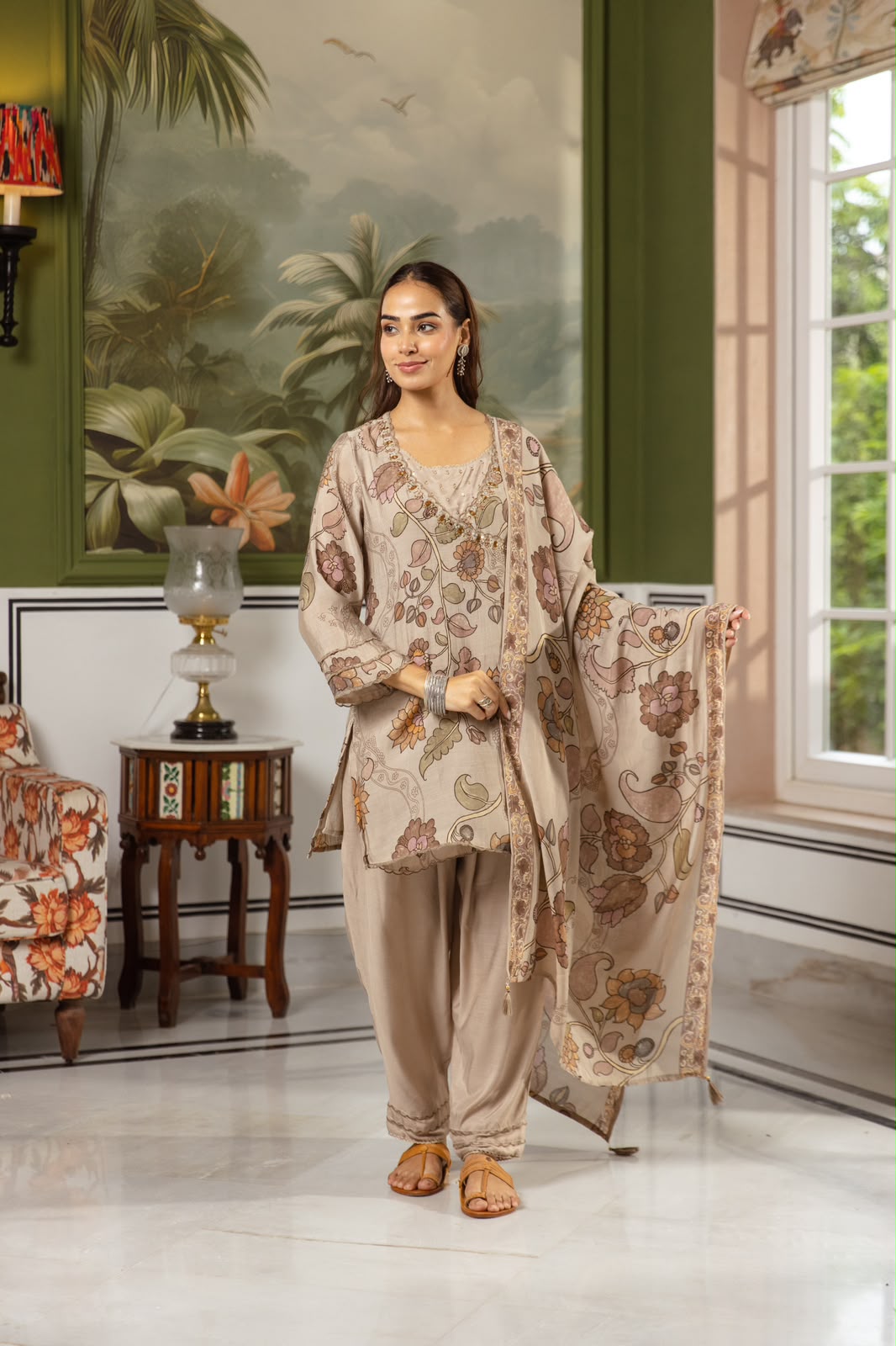 Pure muslin kalamkari print three piece set with farshi salwar (C749)