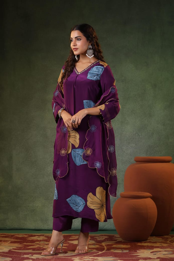 Purple pure crape with lining designer three piece set (P851)