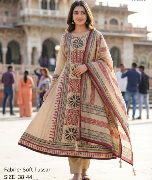 Restocked soft tussar with lining three piece set (B677)