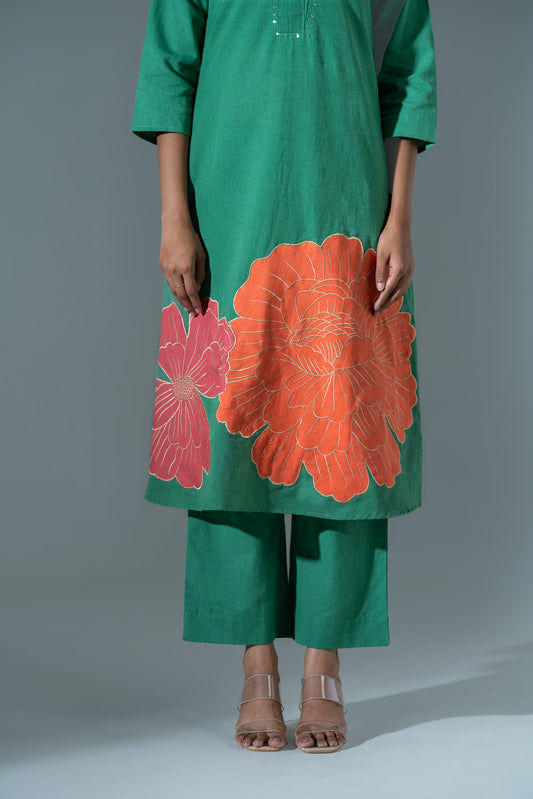 Green pure cotton with applique work two piece cordset (A698)