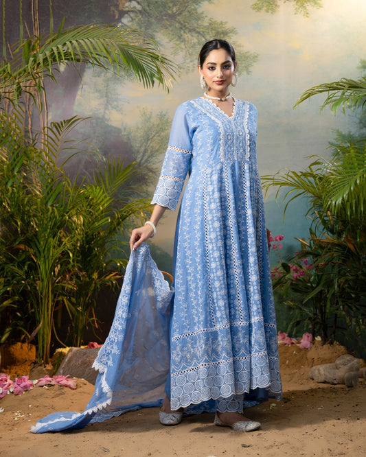 Powder blue pure cotton fully thread work with lining three piece set (P1863)