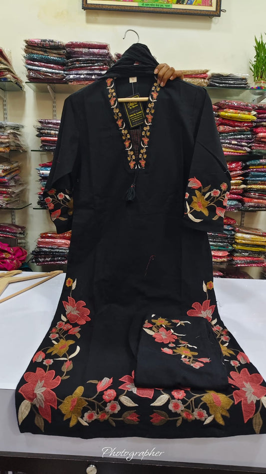 Black pure cotton fully thread work three piece set (A1125)
