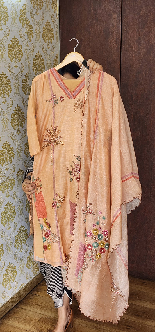 Peach pure linen with full hand work three piece set (P715)