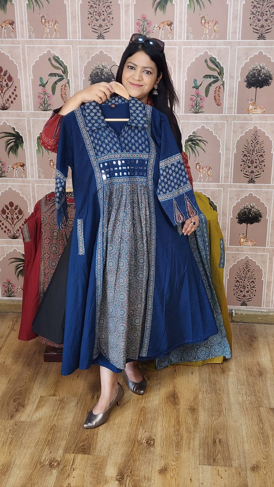 Handloom cotton one piece dress with real mirror and ajrakh print (B218)