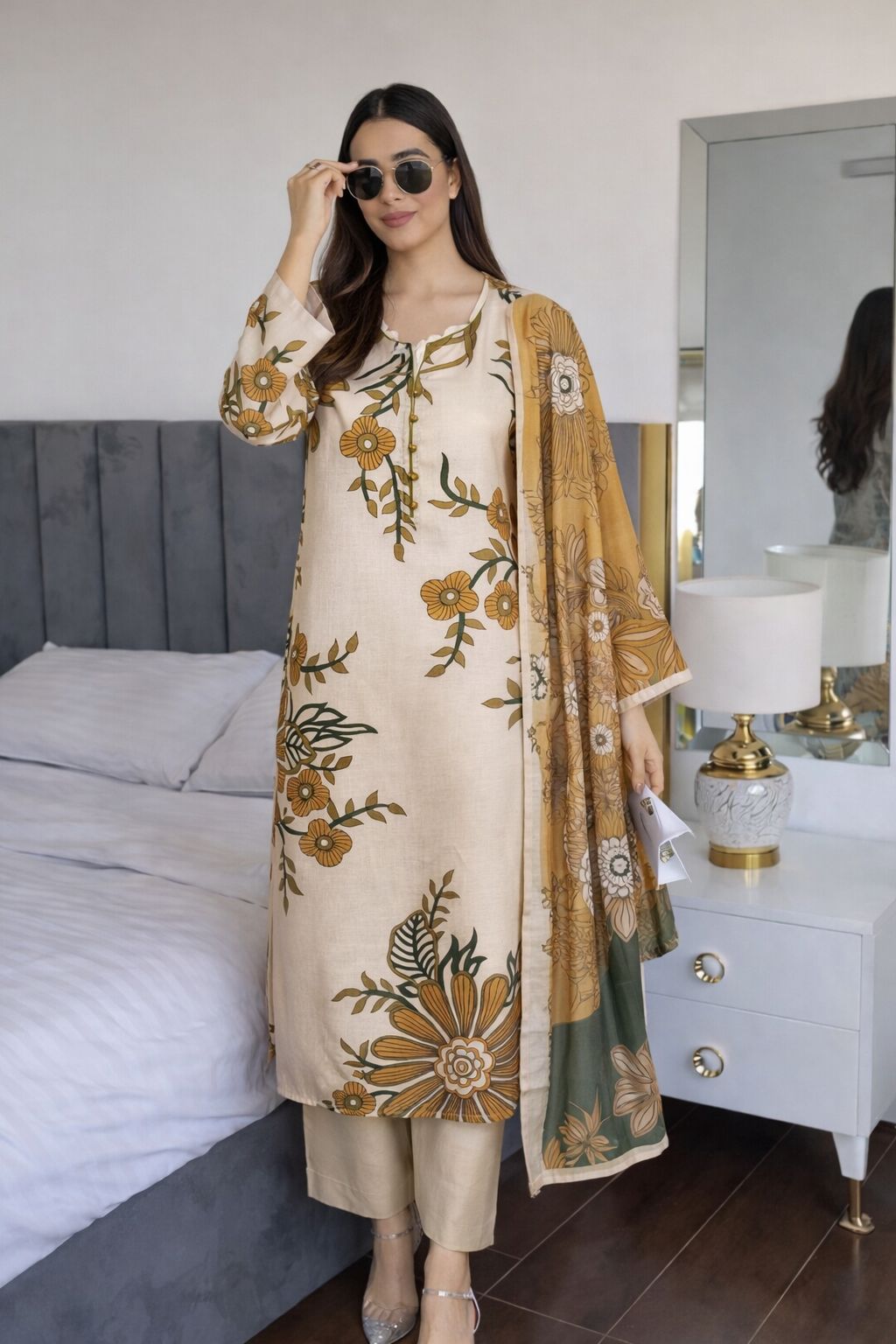 Pure cotton linen digital  placement print three piece set (B317)