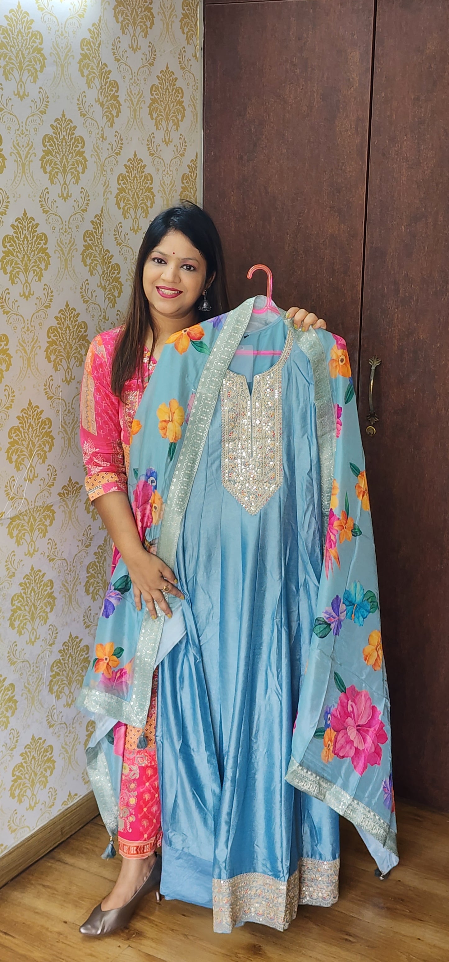 Powder blue russain silk anarkali (P730)