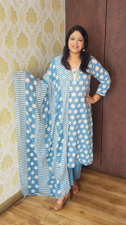 Powder blue pure cotton polka dot three piece set (P2357)