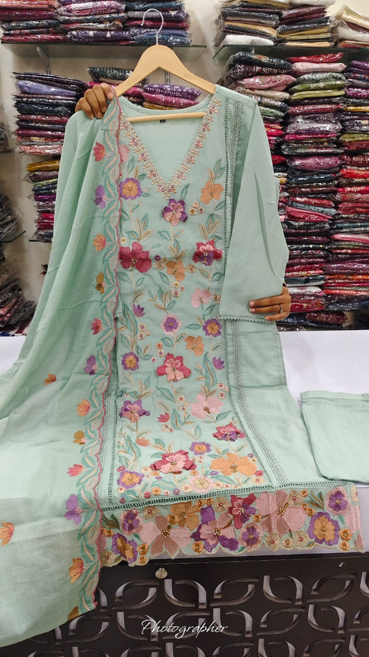 Cotton mul chanderi with full thread embroidered flowers three piece set (B1059)
