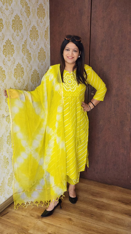 Lime yellow bandani with lehriya pure cotton with kota dupatta three piece set (A306)