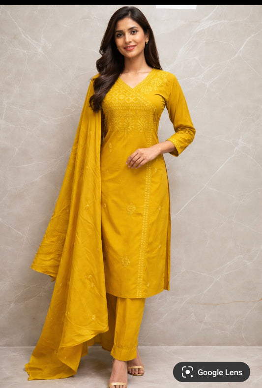 Pure cotton Angrakha pattern chikankari three piece set (A1937)