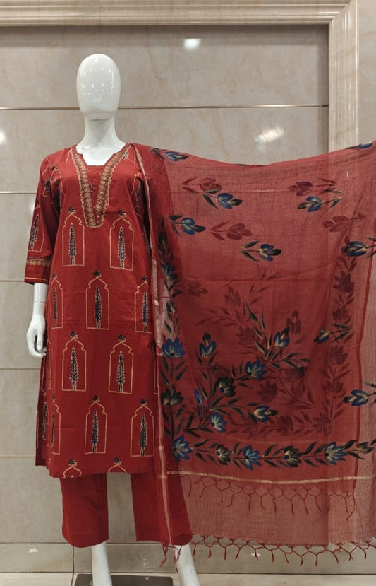 Mahroon pure cotton with kota dupatta three piece set (P1321)