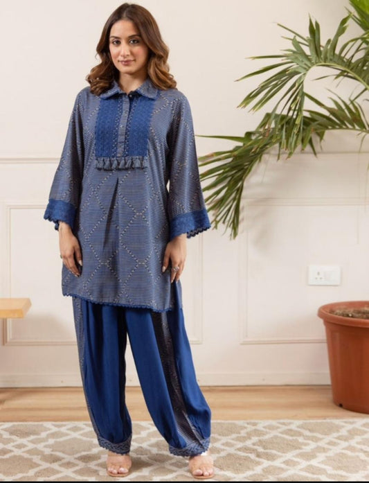 Blue cotton modal with farshi salwar two piece cordset (A755)