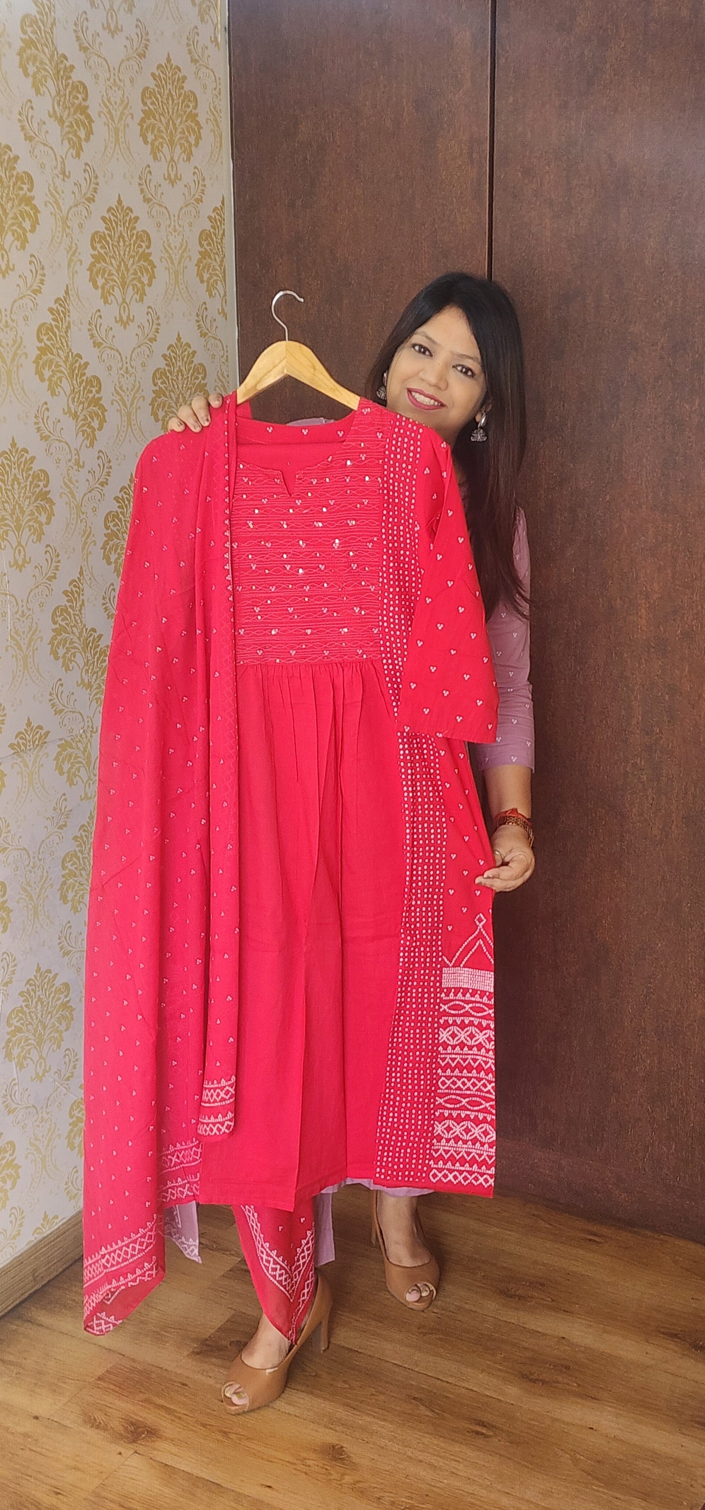 Bright pink bandani print pure cotton three piece set (P774)