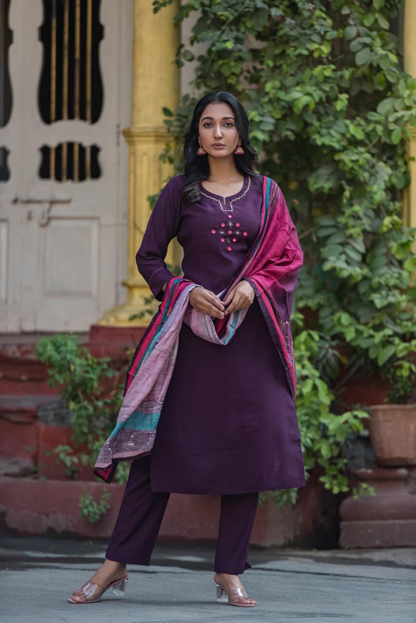 Pure muslin with real mirror work designer silk dupatta three piece set (A1271)