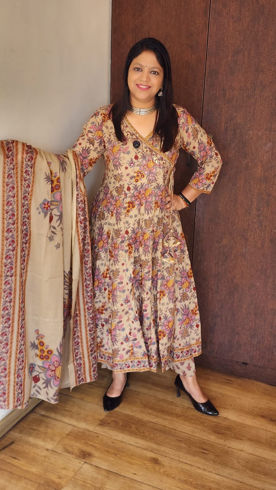 Pure cotton Angrakha pattern flared three piece set (B1057)