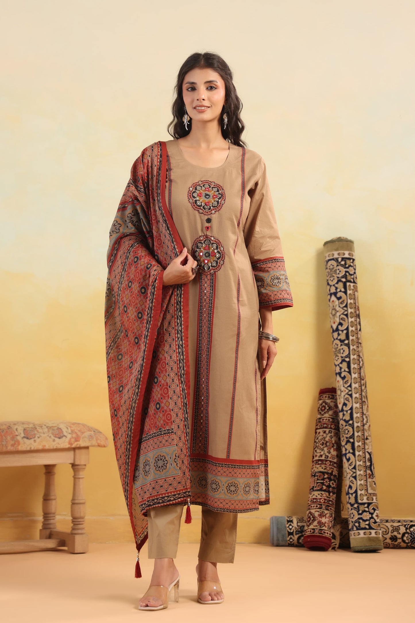 Pure cotton with Ajrakh dupatta three piece set (S161)